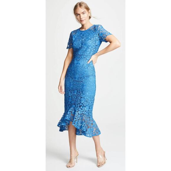 Shoshanna Edgecombe All Over Lace High Low Midi Blue Dress Ruffle Cocktail 2 - Picture 1 of 13